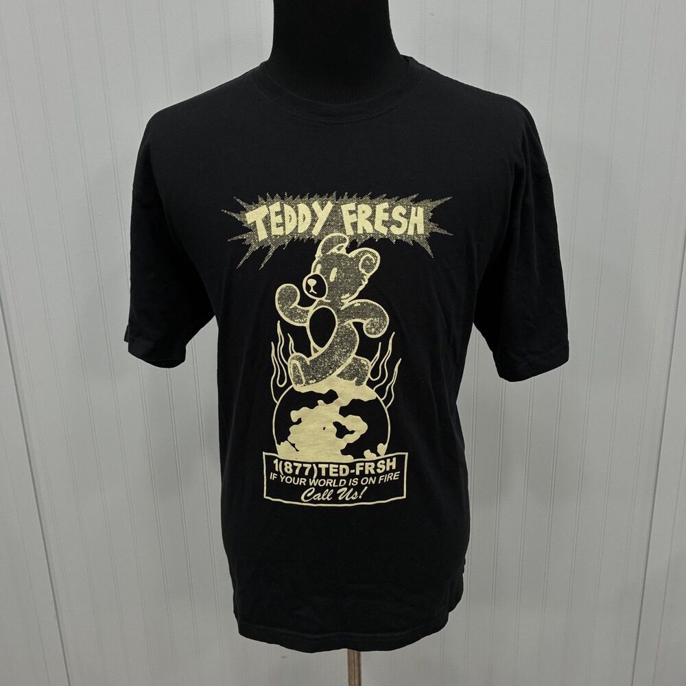 Teddy Fresh T-Shirt Mens XL Black World On Fire Graphic Bear Made In USA Tee